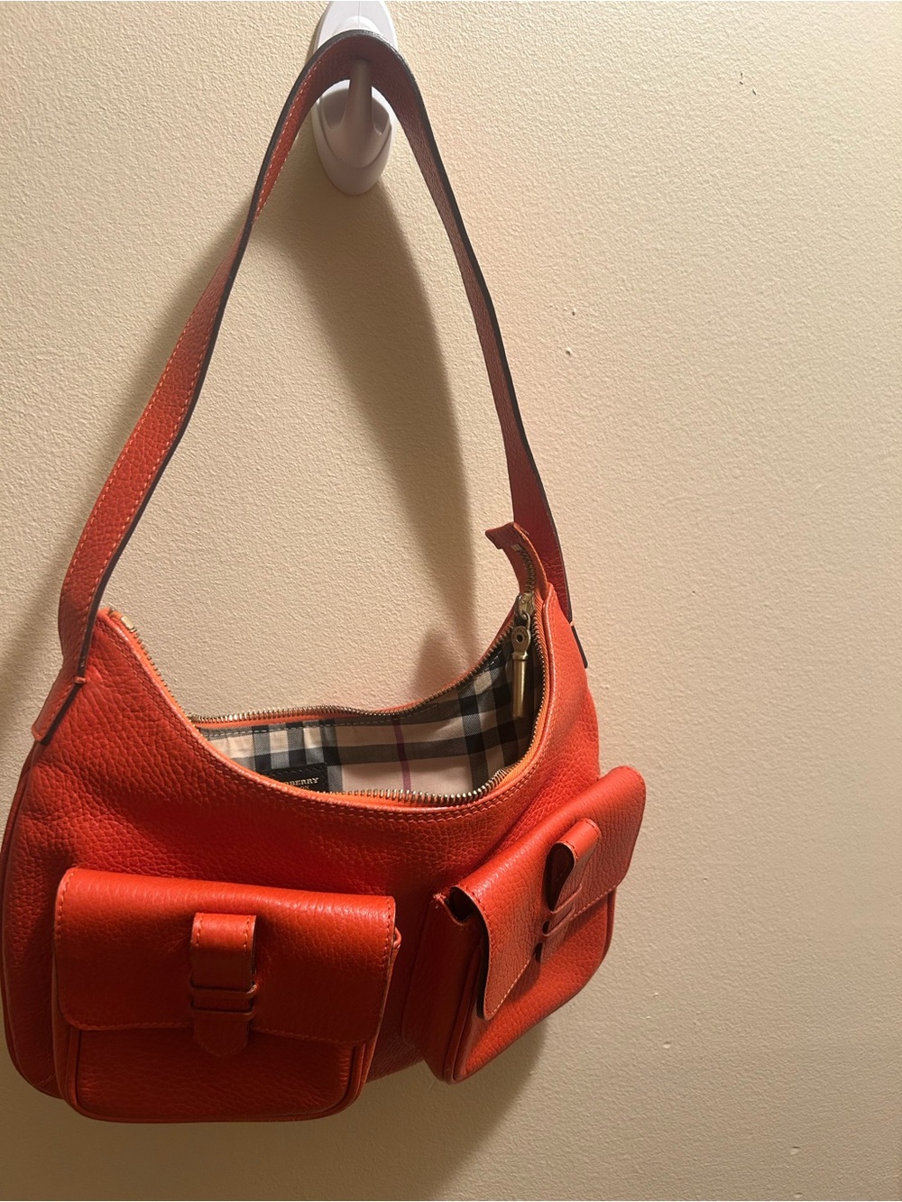 Burberry Bright Orange Pebbled Leather Double-Pocket Shoulder Bag - Picture 3 of 4